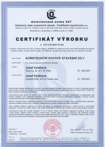 Certifikát výrobku